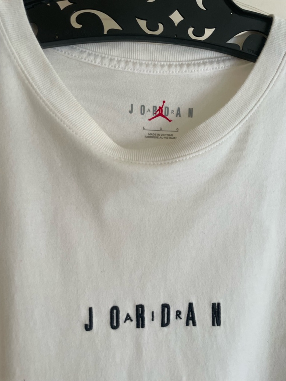 Jordan White Tee with Black Embroidered Lettering and Red Jumpman